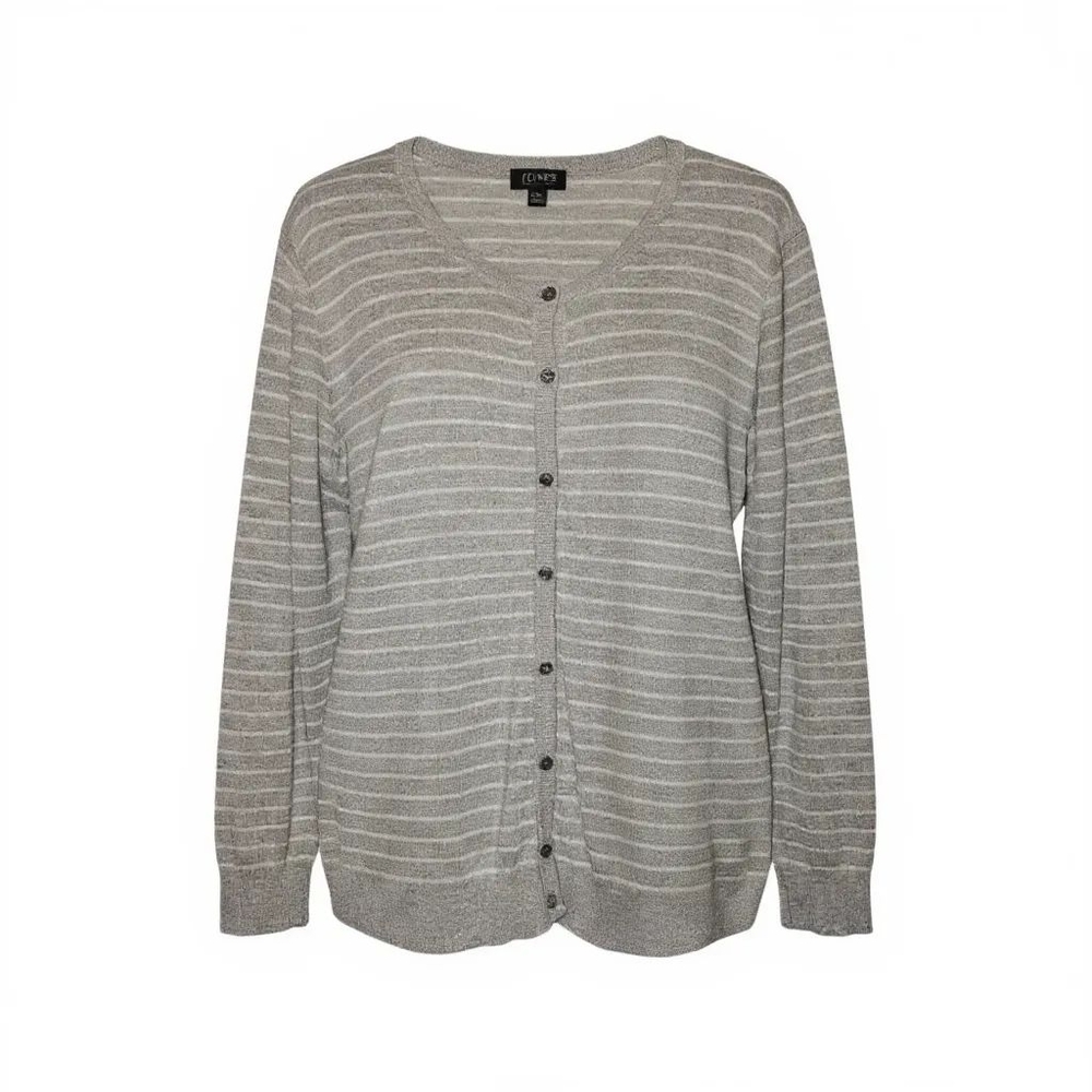 Jones New York Grey White Striped Button Up Cardigan XXL